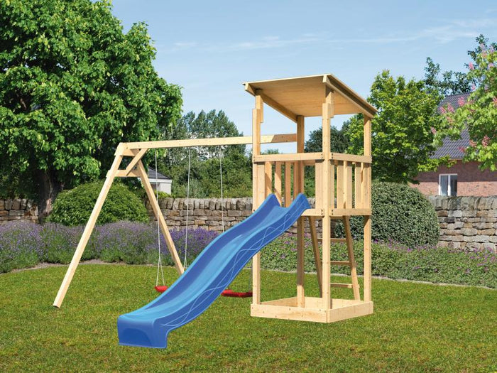 Karibu Spielturm Anna + Rutsche blau + Doppelschaukel