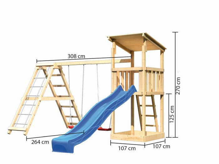 Karibu Spielturm Anna + Rutsche blau + Doppelschaukelanbau Klettergerüst