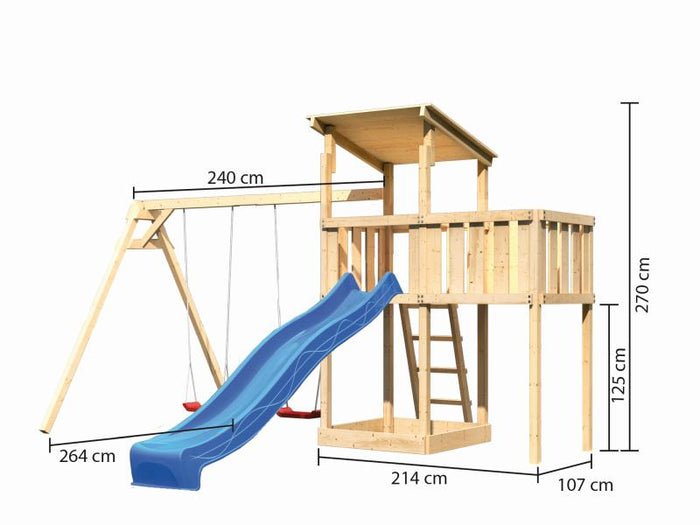 Karibu Spielturm Anna + Rutsche blau + Doppelschaukel + Anbauplattform