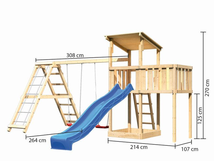 Karibu Spielturm Anna + Rutsche blau + Doppelschaukelanbau Klettergerüst + Anbauplattform