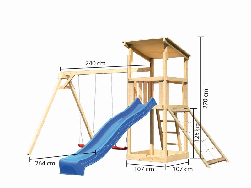 Karibu Spielturm Anna + Rutsche blau + Doppelschaukel + Netzrampe