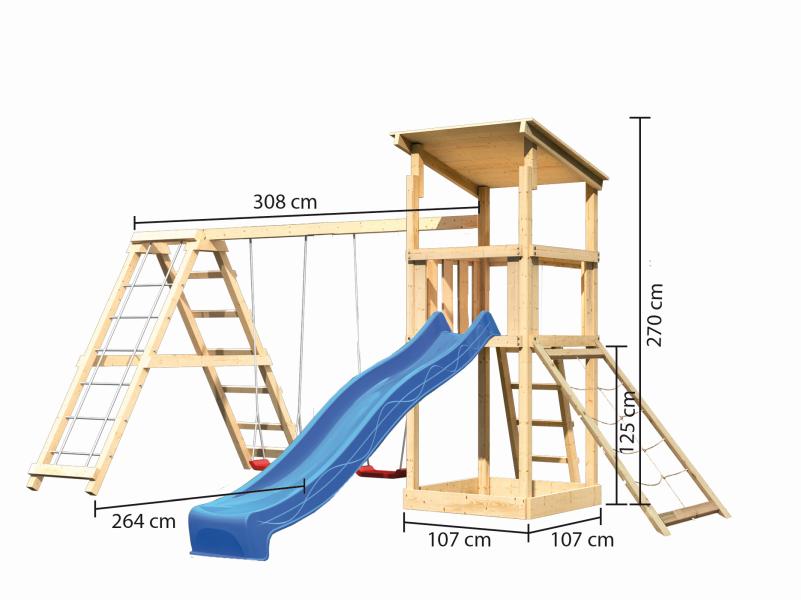 Karibu Spielturm Anna + Rutsche blau + Doppelschaukelanbau Klettergerüst + Netzrampe
