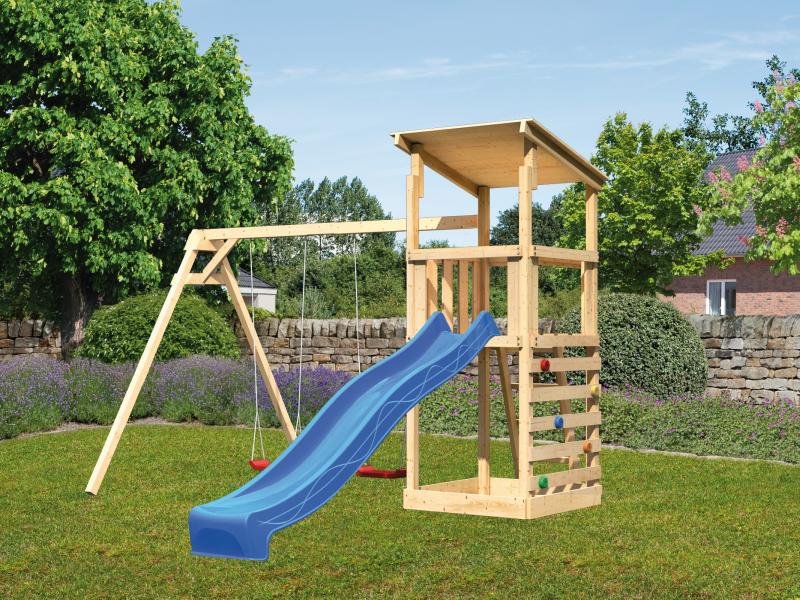Karibu Spielturm Anna + Rutsche blau + Doppelschaukel + Kletterwand