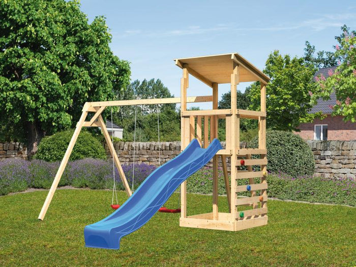 Karibu Spielturm Anna + Rutsche blau + Doppelschaukel + Kletterwand