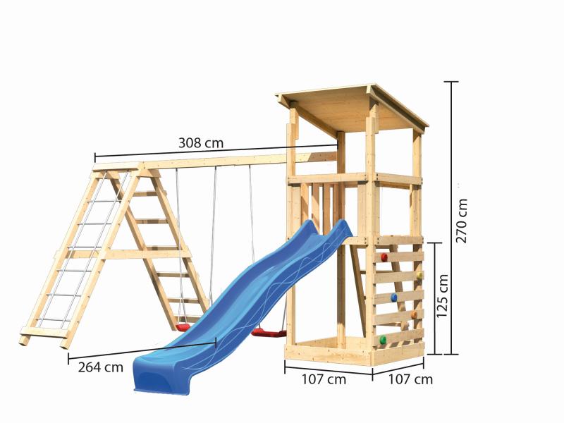Karibu Spielturm Anna + Rutsche blau + Doppelschaukelanbau Klettergerüst + Kletterwand