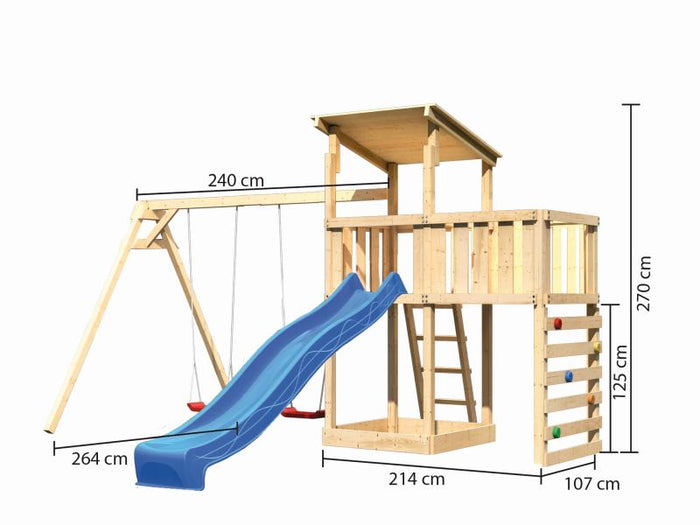 Karibu Spielturm Anna + Rutsche blau + Doppelschaukel + Anbauplattform + Kletterwand