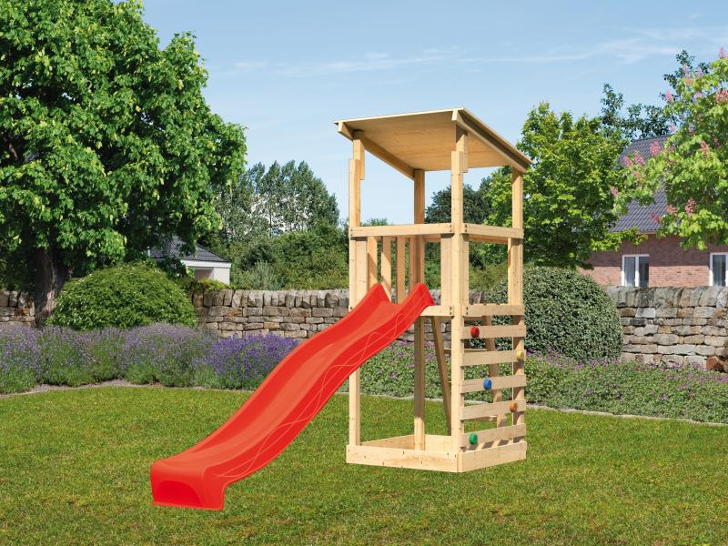 Karibu Spielturm Anna + Rutsche rot + Kletterwand
