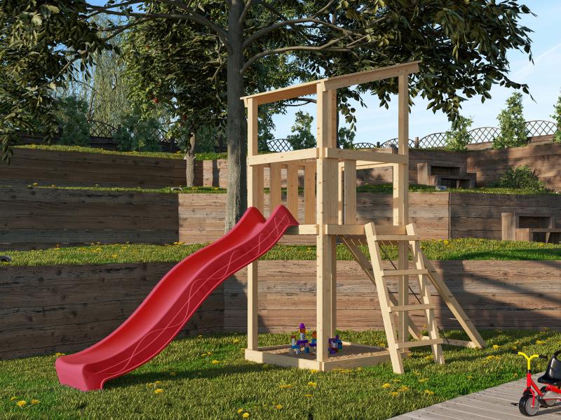 Karibu Spielturm Anna + Rutsche rot + Netzrampe