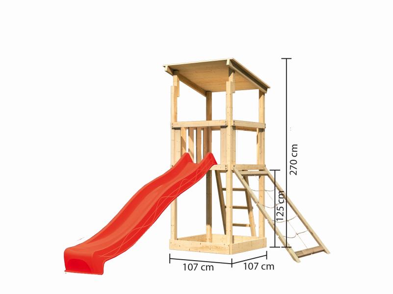 Karibu Spielturm Anna + Rutsche rot + Netzrampe