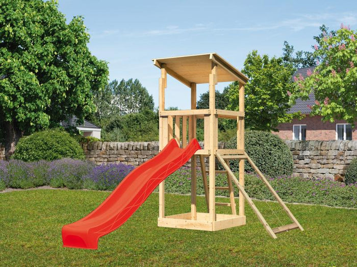 Karibu Spielturm Anna + Rutsche rot + Netzrampe