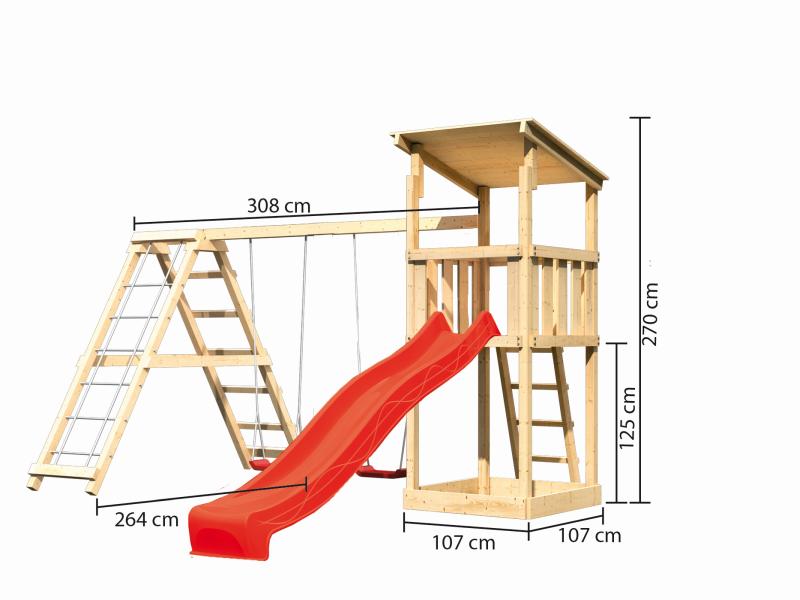 Karibu Spielturm Anna + Rutsche rot + Doppelschaukelanbau Klettergerüst