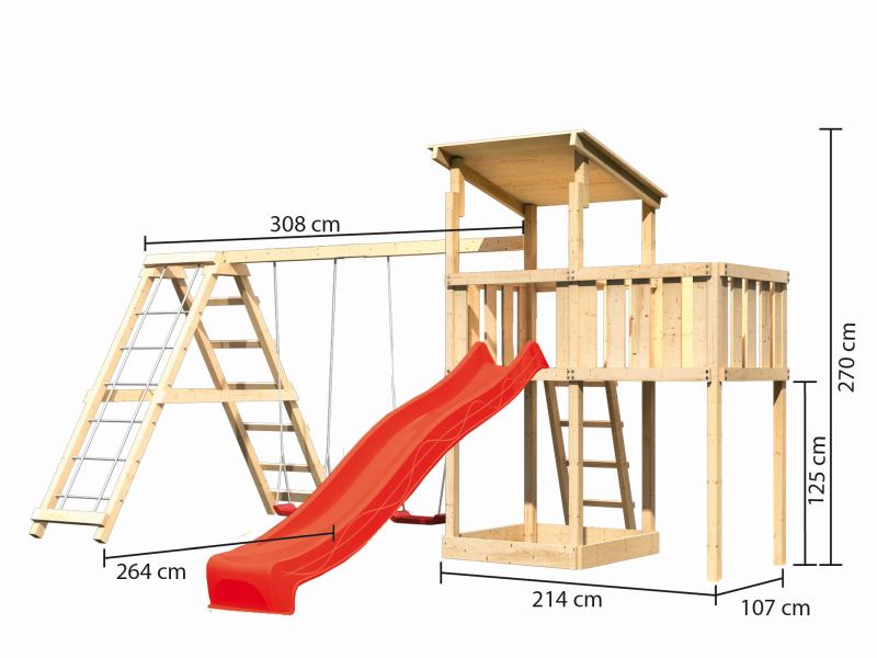 Karibu Spielturm Anna + Rutsche rot + Doppelschaukelanbau Klettergerüst + Anbauplattform