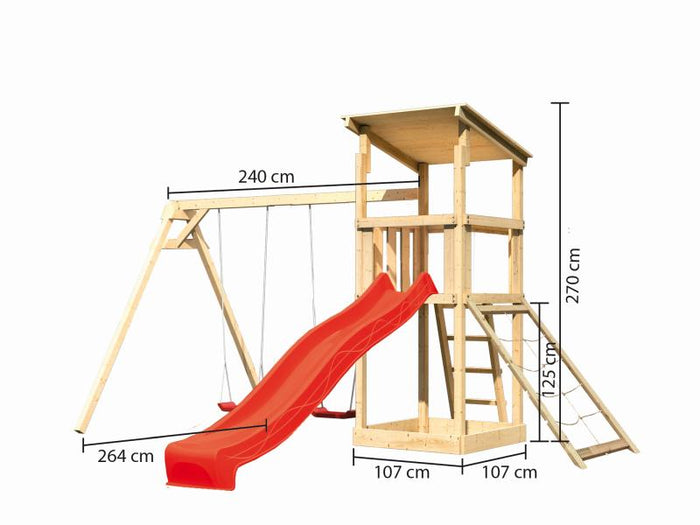 Karibu Spielturm Anna + Rutsche rot + Doppelschaukel + Netzrampe