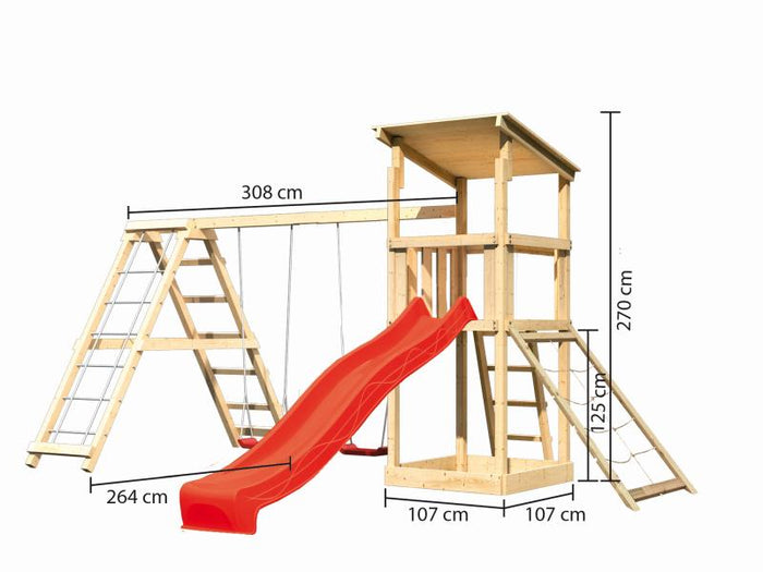 Karibu Spielturm Anna + Rutsche rot + Doppelschaukelanbau Klettergerüst + Netzrampe