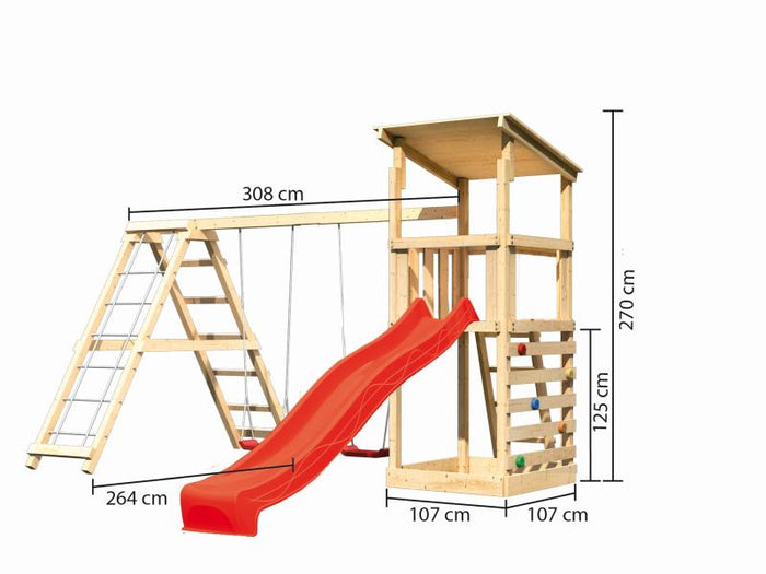 Karibu Spielturm Anna + Rutsche rot + Doppelschaukelanbau Klettergerüst + Kletterwand