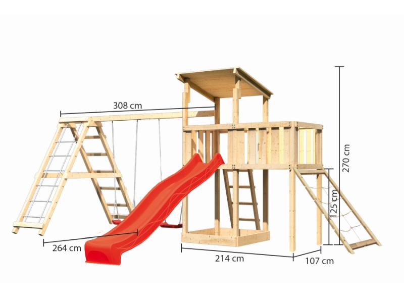 Karibu Spielturm Anna + Rutsche rot + Doppelschaukelanbau Klettergerüst + Anbauplattform + Netzrampe