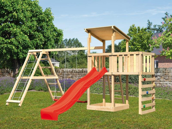 Karibu Spielturm Anna + Rutsche rot + Doppelschaukelanbau Klettergerüst + Anbauplattform + Kletterwa