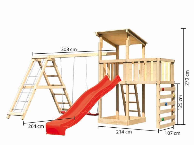 Karibu Spielturm Anna + Rutsche rot + Doppelschaukelanbau Klettergerüst + Anbauplattform + Kletterwa