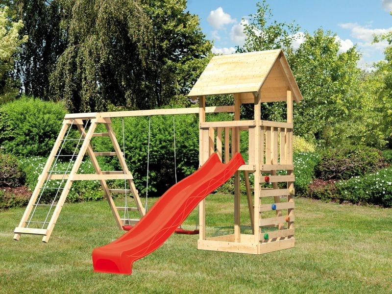 Karibu Spielturm Lotti- Doppelschaukel mit Klettergerüst, Kletterwand und Rutsche in rot