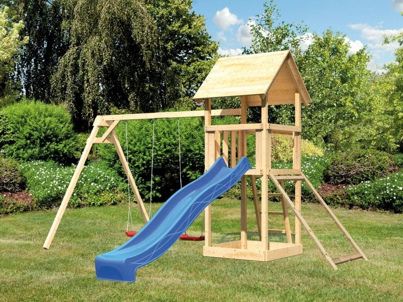 Karibu Spielturm Lotti mit Doppelschaukel, Netzrampe und Rutsche blau