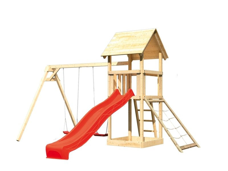 Karibu Spielturm Lotti mit Doppelschaukel, Netzrampe und Rutsche rot