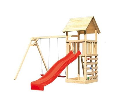Karibu Spielturm Lotti mit Doppelschaukel, Kletterwand und Rutsche rot