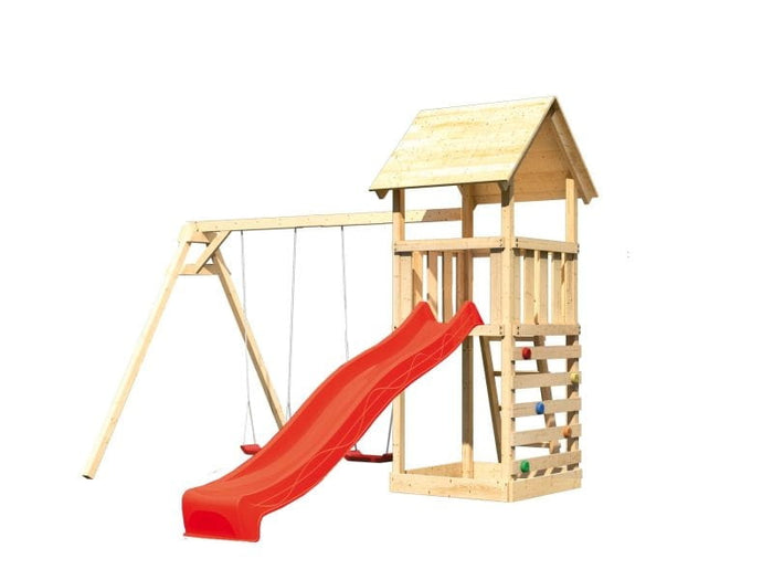 Karibu Spielturm Lotti mit Doppelschaukel, Kletterwand und Rutsche rot