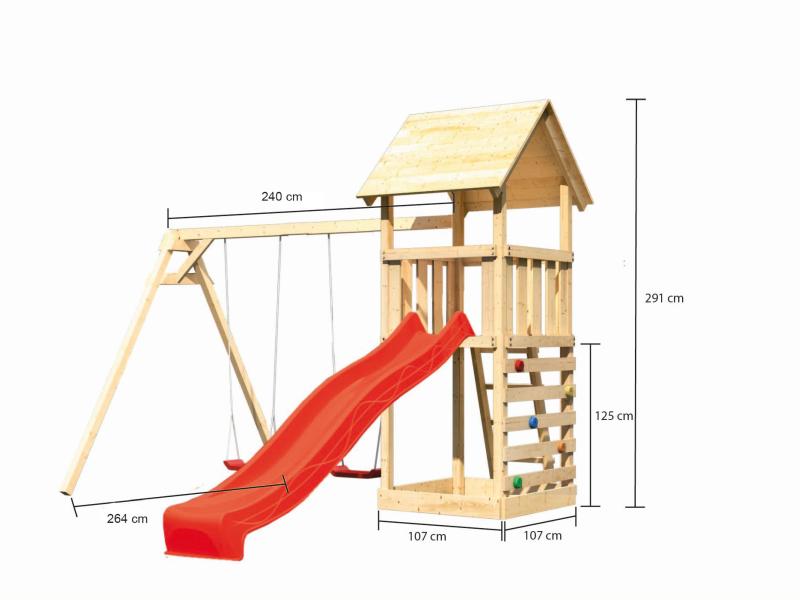 Karibu Spielturm Lotti mit Doppelschaukel, Kletterwand und Rutsche rot