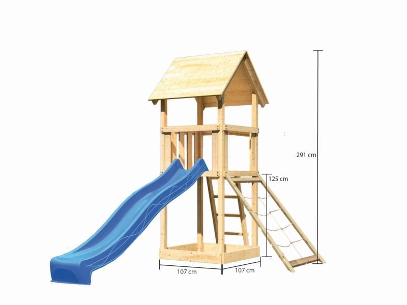 Karibu Spielturm Lotti mit Netzrampe und Rutsche blau