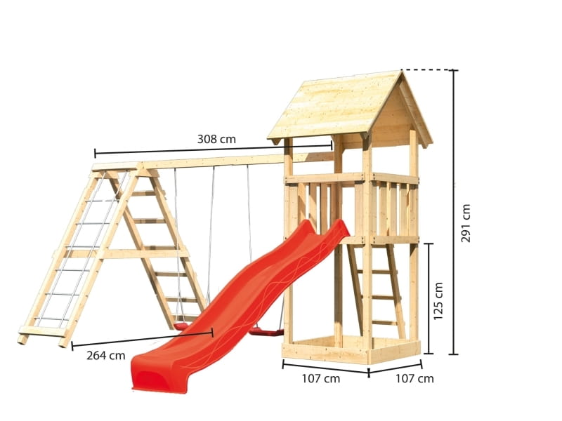 Karibu Spielturm Lotti mit Rutsche in rot und Doppelschaukel inkl. Klettergerüst