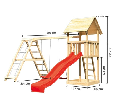Karibu Spielturm Lotti mit Rutsche in rot und Doppelschaukel inkl. Klettergerüst