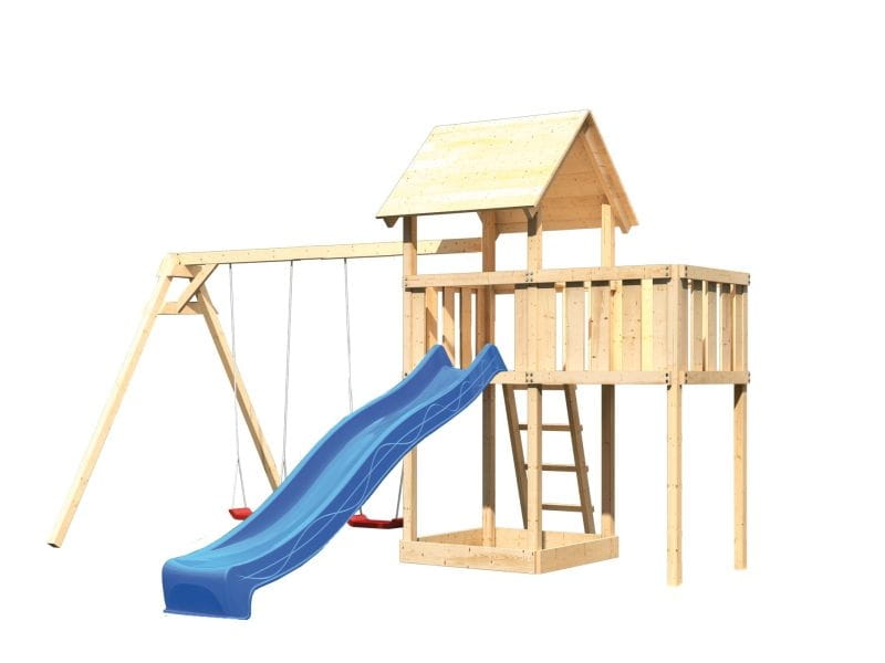 Karibu Spielturm Lotti natur- Anbauplattform- Doppelschaukel- Rutsche blau
