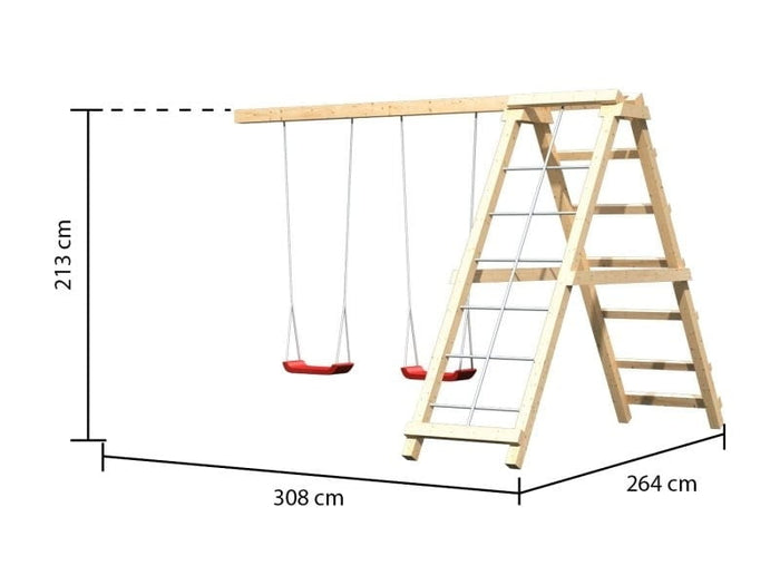 Karibu Spielturm Lotti natur- Anbauplattform- Doppelschaukel inkl. Klettergerüst- Rutsche rot