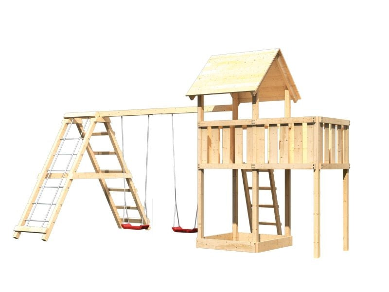 Karibu Spielturm Lotti natur- Anbauplattform- Doppelschaukel inkl. Klettergerüst