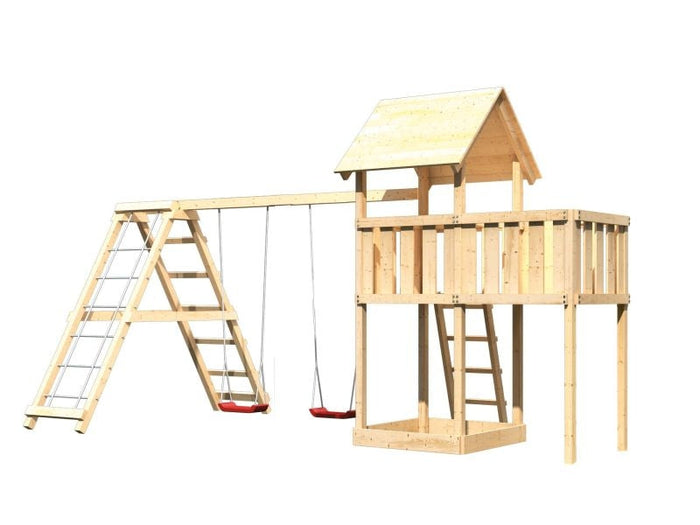 Karibu Spielturm Lotti natur- Anbauplattform- Doppelschaukel inkl. Klettergerüst