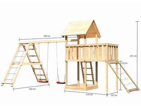 Karibu Spielturm Lotti natur- Anbauplattform- Doppelschaukel inkl. Klettergerüst- Netzrampe