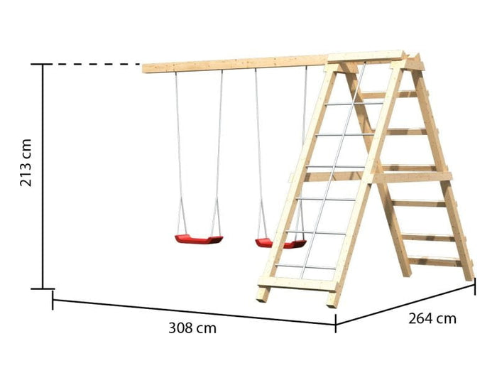 Karibu Spielturm Lotti natur- Anbauplattform- Doppelschaukel inkl. Klettergerüst- Netzrampe
