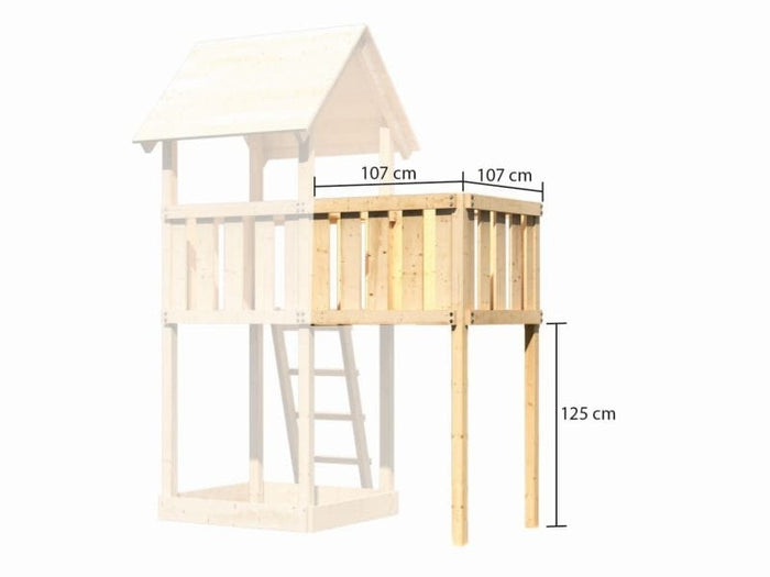 Karibu Spielturm Lotti natur- Anbauplattform- Doppelschaukel inkl. Klettergerüst- Netzrampe