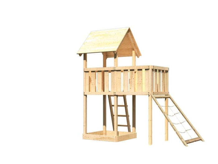 Karibu Spielturm Lotti natur mit Anbauplattform und Netzrampe