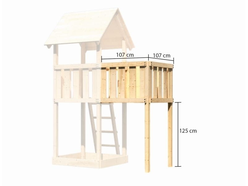 Karibu Spielturm Lotti natur mit Anbauplattform, Kletterwand und Rutsche blau