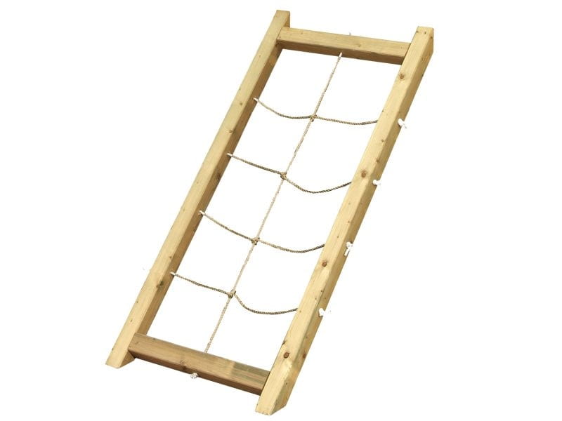Karibu Spielturm Lotti natur mit Anbauplattform, Netzrampe und Rutsche blau