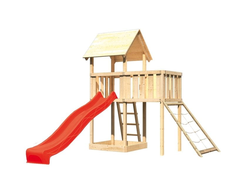 Karibu Spielturm Lotti natur mit Anbauplattform, Netzrampe und Rutsche rot