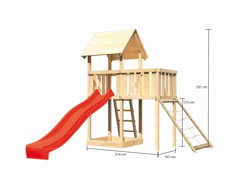 Karibu Spielturm Lotti natur mit Anbauplattform, Netzrampe und Rutsche rot