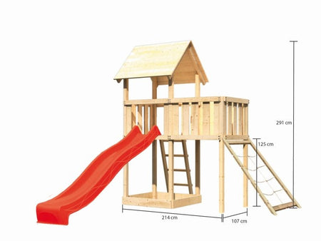 Karibu Spielturm Lotti natur mit Anbauplattform, Netzrampe und Rutsche rot