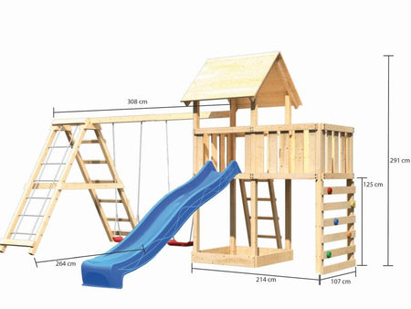 Karibu Spielturm Lotti Satteldach + Rutsche blau + Doppelschaukel Klettergerüst + Anbauplattform + K