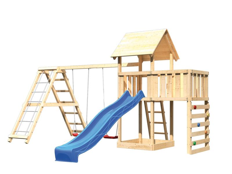 Karibu Spielturm Lotti Satteldach + Rutsche blau + Doppelschaukel Klettergerüst + Anbauplattform + K