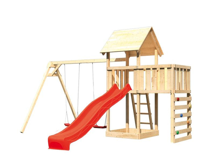 Karibu Spielturm Lotti Satteldach + Rutsche rot + Doppelschaukel + Anbauplattform + Kletterwand