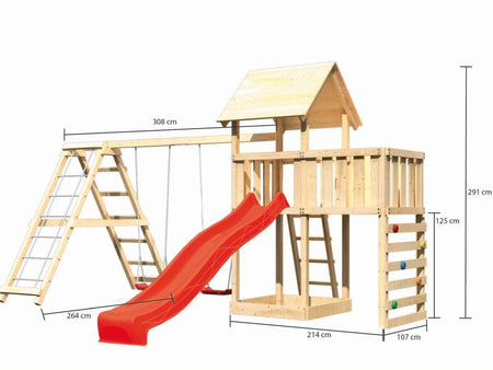 Karibu Spielturm Lotti Satteldach + Rutsche rot + Doppelschaukel Klettergerüst + Anbauplattform + Kl