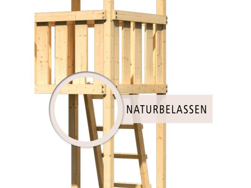 Karibu Spielturm Lotti Satteldach + Rutsche rot + Doppelschaukel + Anbauplattform + Netzrampe
