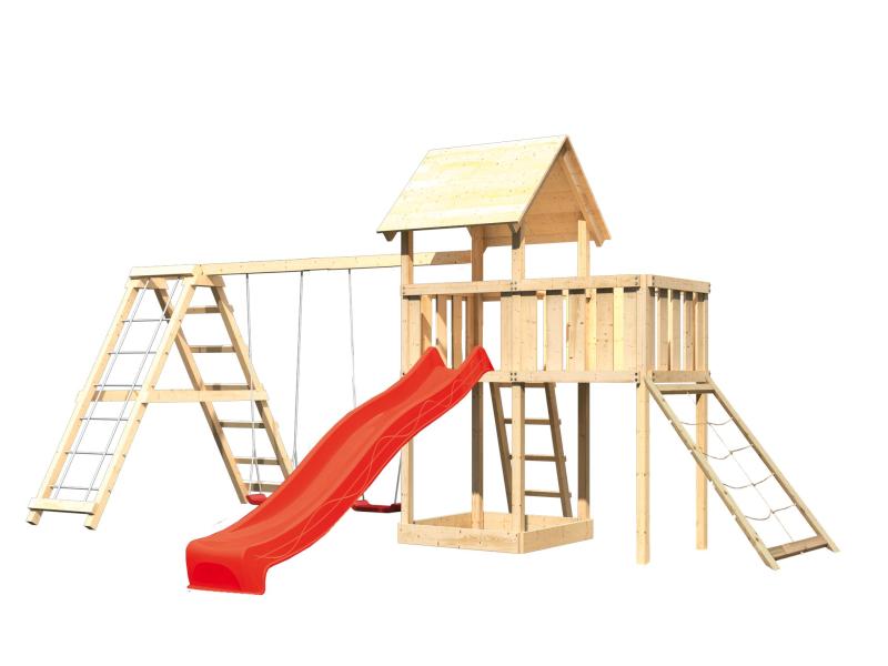 Karibu Spielturm Lotti Satteldach + Rutsche rot + Doppelschaukelanbau Klettergerüst + Anbauplattform